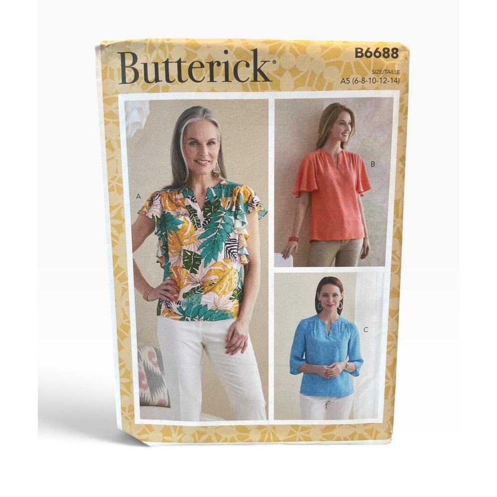 Butterick B6688 Misses' Top Blouse A5 6-14 Easy Fit Ruffle Sleeve Pullover Uncut